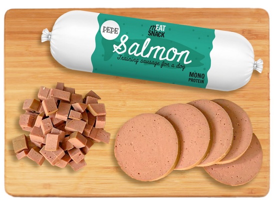 Paka Zwierzaka PEPE Kiełbaska Salmon (łosoś) 200g - obrazek 2