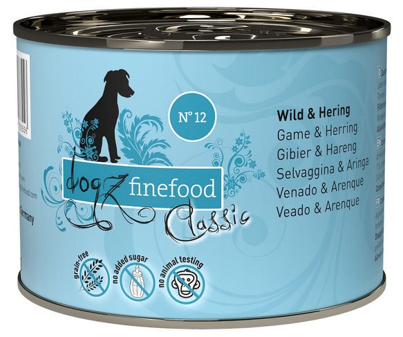 Dogz Finefood Classic N.12 Dziczyzna i śledź puszka 200g karma dla psa