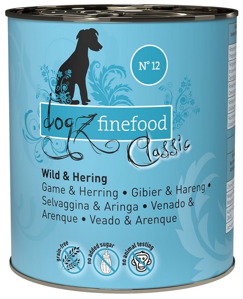 Dogz Finefood Classic N.12 Dziczyzna i śledź puszka 800g karma dla psa